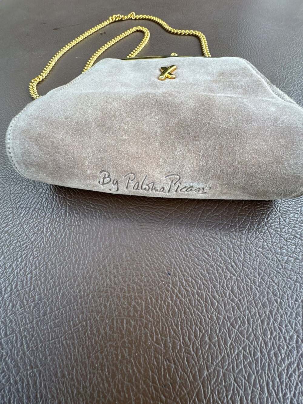 By Paloma Picasso Vintage Taupe Suede Mini Handbag with Gold Chain - Picture 3 of 5